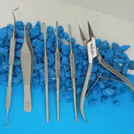 Kit profesional de podología para uñas encarnadas de acero quirúrgico Alicate punta 14mm, Guiador nuclear, Gubia, Cureta doble punta Pinza Adson, Guiador recto